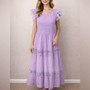 ZESICA Women's Casual Flutter Sleeve Crew Neck Smocked Tiered Midi Dress